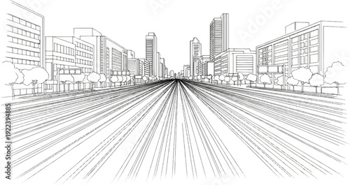 Stylized urban street view with converging lines and buildings