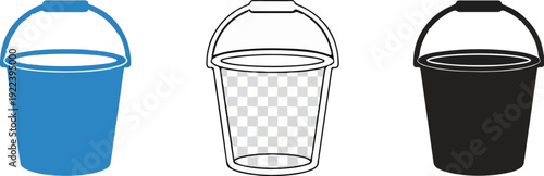 Three simple bucket icons blue solid, transparent outline, and black solid
