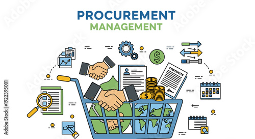 Procurement Management concept illustration. Shopping cart filled with global icons, handshakes, contracts, and money. Business supply chain and logistics vector.
