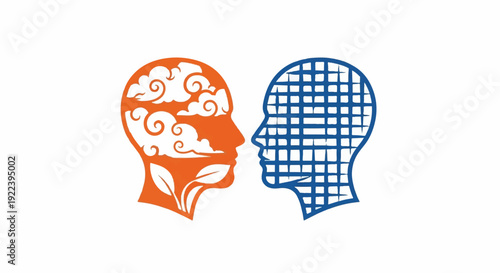 Two profiles facing each other, one with clouds and leaves, other with grid