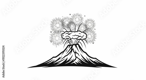 Stylized volcano erupting with radiating bursts of fireworks