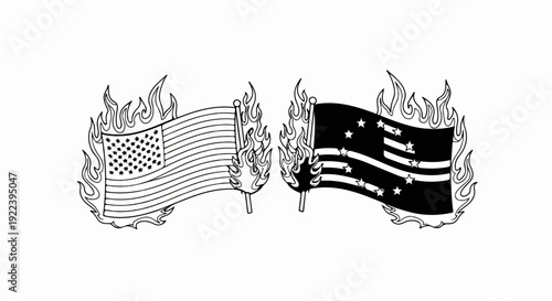 Two flags, one resembling the American flag and the other darker, are aflame