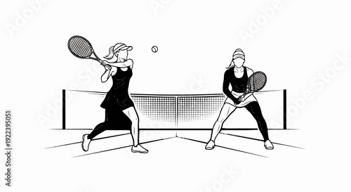 Two women playing tennis on a court with a net and a ball in the air