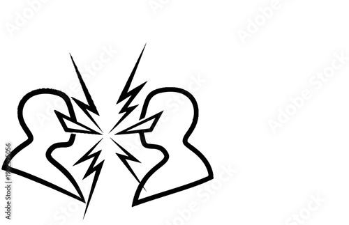 Two abstract figures facing each other with lightning bolts between them