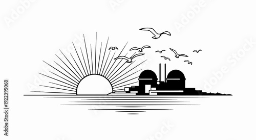 Stylized sunrise over industrial waterfront with flying birds