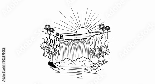 Stylized waterfall with sunburst and palm trees