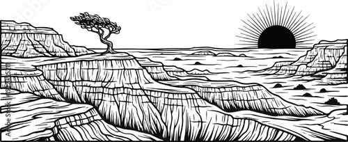 Stylized sunrise over layered canyon with solitary tree on edge