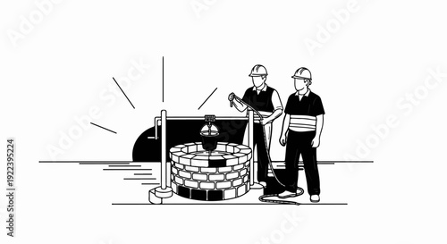 Two workers with hard hats operate a water well with a bucket and hose