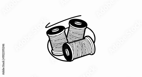 Three spools of thread with a circular arrow indicating motion