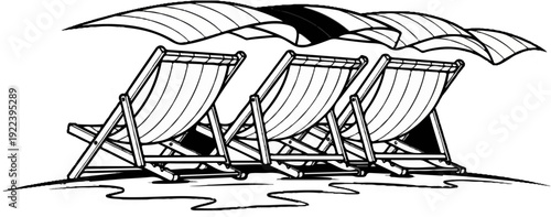 Three striped deck chairs arranged under a wavy canopy on a beach