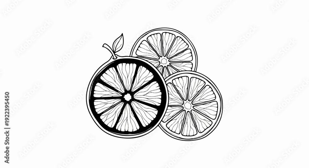 Fototapeta premium Three black and white line drawing slices of citrus fruit