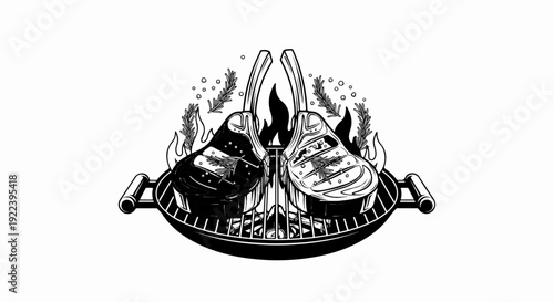 Two grilled steaks with rosemary and flames on a grill