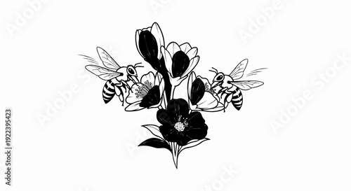 Two bees hover around a cluster of blooming flowers in a line drawing