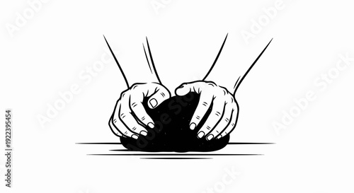 Two hands are shown in black and white, molding a dark, round object