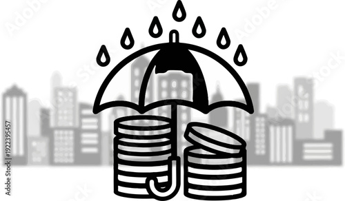 Umbrella protects coins from rain above cityscape