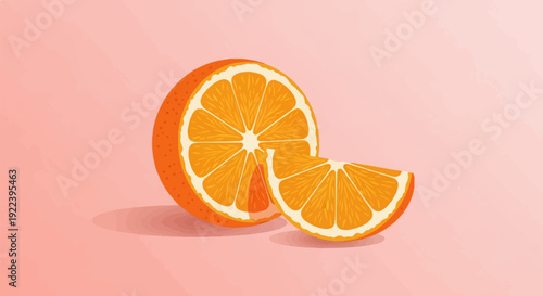 Two slices of ripe orange fruit on a soft pink background with shadow