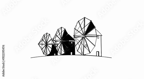 Three windmills with dark sails stand on a gentle hill under a white sky