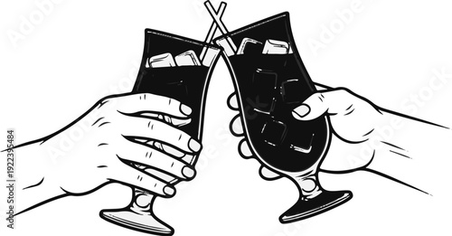 Two hands clinking glasses of ice-filled beverages with straws