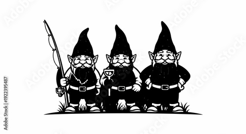 Three black gnomes with beards, wearing pointed hats and belts. One holds a fishing rod