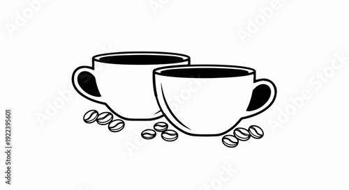 Two steaming cups of coffee rest on scattered roasted beans