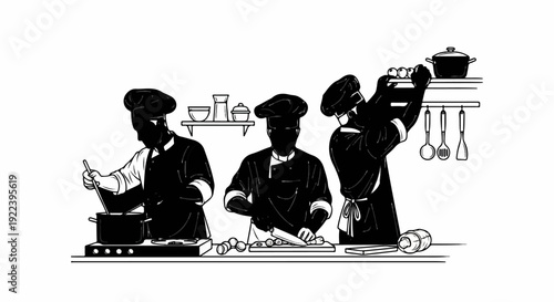 Three chefs in uniform preparing food in a kitchen setting