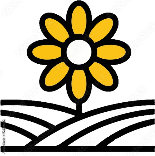 Stylized yellow daisy blooming above rolling, abstract landscape