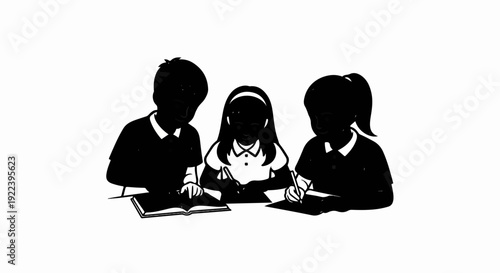 Three children in silhouette studying together at a table