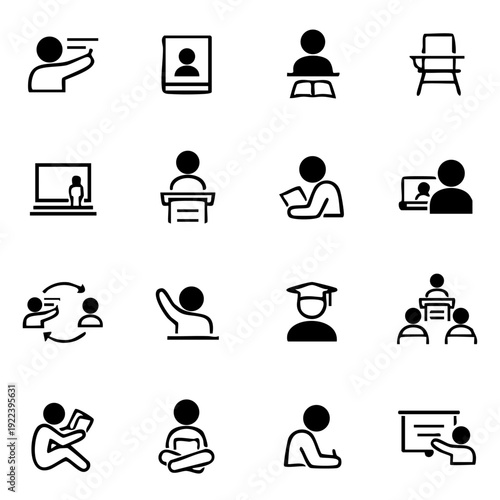 Minimalist black and white vector icons depicting various professional and social interactions, ideal for business, teamwork, and communication designs.