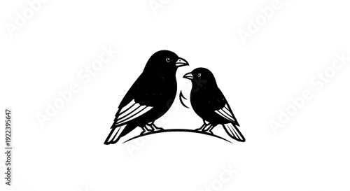 Two black birds, one large and one small, stand facing each other on a curved line