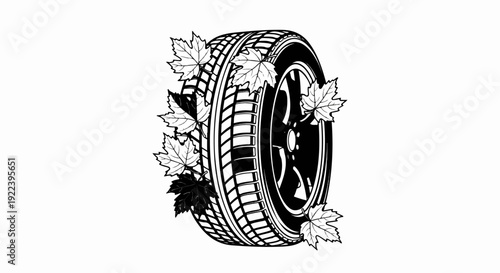Tire with maple leaves in black and white, suggesting autumn