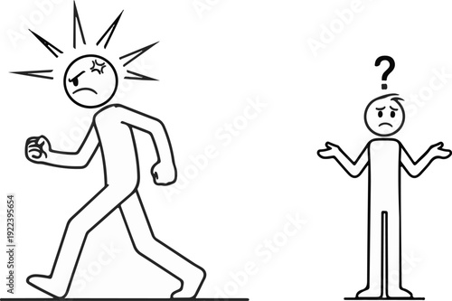 Two stick figures, one angry and walking, the other confused