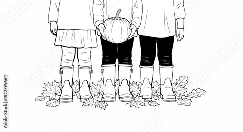 Three children stand with a pumpkin, wearing boots and surrounded by fallen leaves