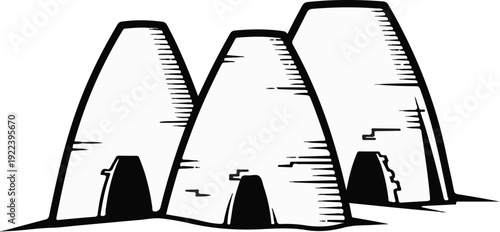 Three conical structures with arched entrances, sketch