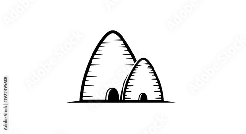 Two stylized beehives, one taller than the other, with arched entrances