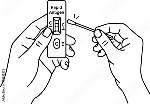 Two hands perform a rapid antigen test using a swab and testing device