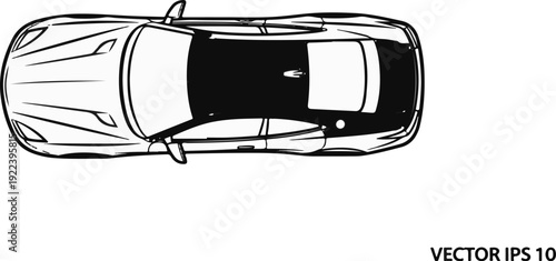 Top-down black and white line art illustration of a sleek sports car