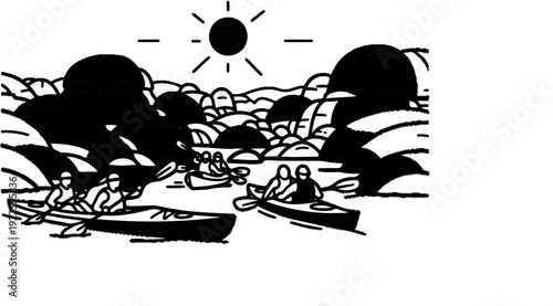 Sun shines on kayaks navigating a rocky, abstract landscape