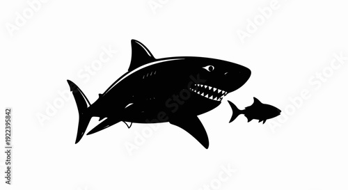 Two black shark silhouettes, one large, one small, on white background