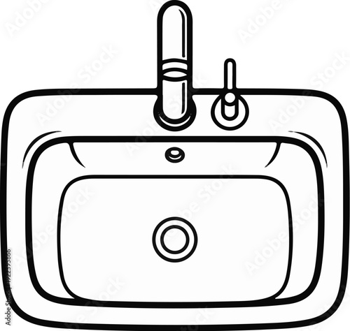 Top-down line art illustration of a bathroom sink with faucet and drain