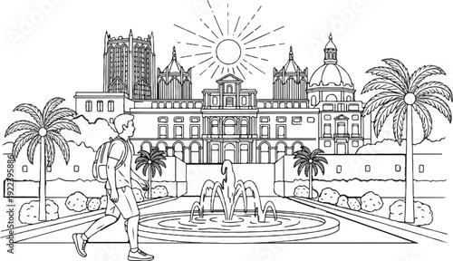 Sunny day cityscape with a person walking past a fountain and palm trees