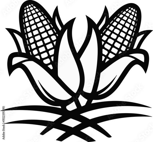 Two stylized corn cobs with husks and leaves, black outline
