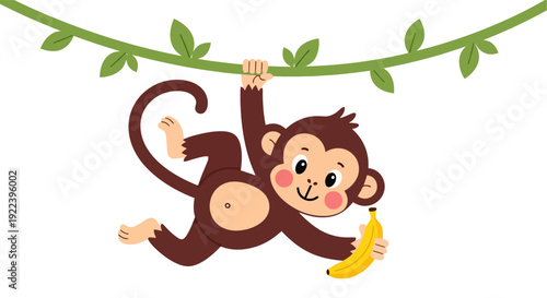 Cute cartoon monkey hanging on a vine holding a banana.