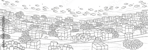 Underwater scene with schools of fish swimming over a coral reef