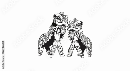 Two stylized lions in traditional costume perform a dance