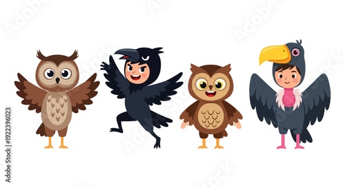 Cute Children in Bird Costumes Adorable Owl and Crow Outfits.
