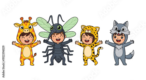 Cute cartoon children dressed as animals and insects.