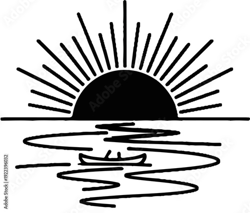 Stylized sunrise over water with a lone canoeist rowing