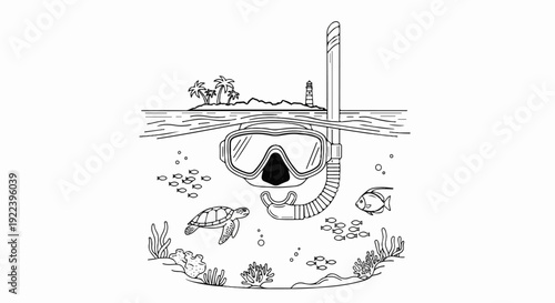 Underwater view of snorkel gear, island, lighthouse, coral, fish, and turtle