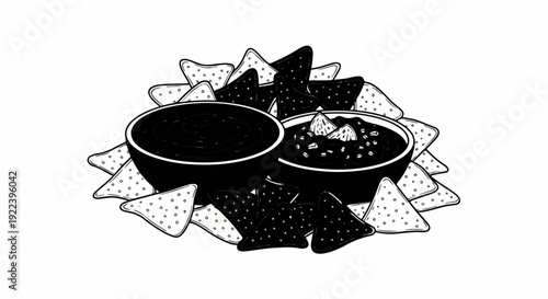 Two bowls of dip surrounded by a pile of triangular chips