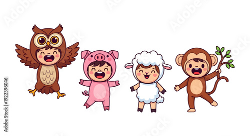 Cute Cartoon Children in Animal Costumes.